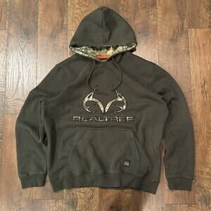 Realtree Hoodie Mens Green W/Camo Hood Antler Fleece Pullover Sweatshirt Size XL